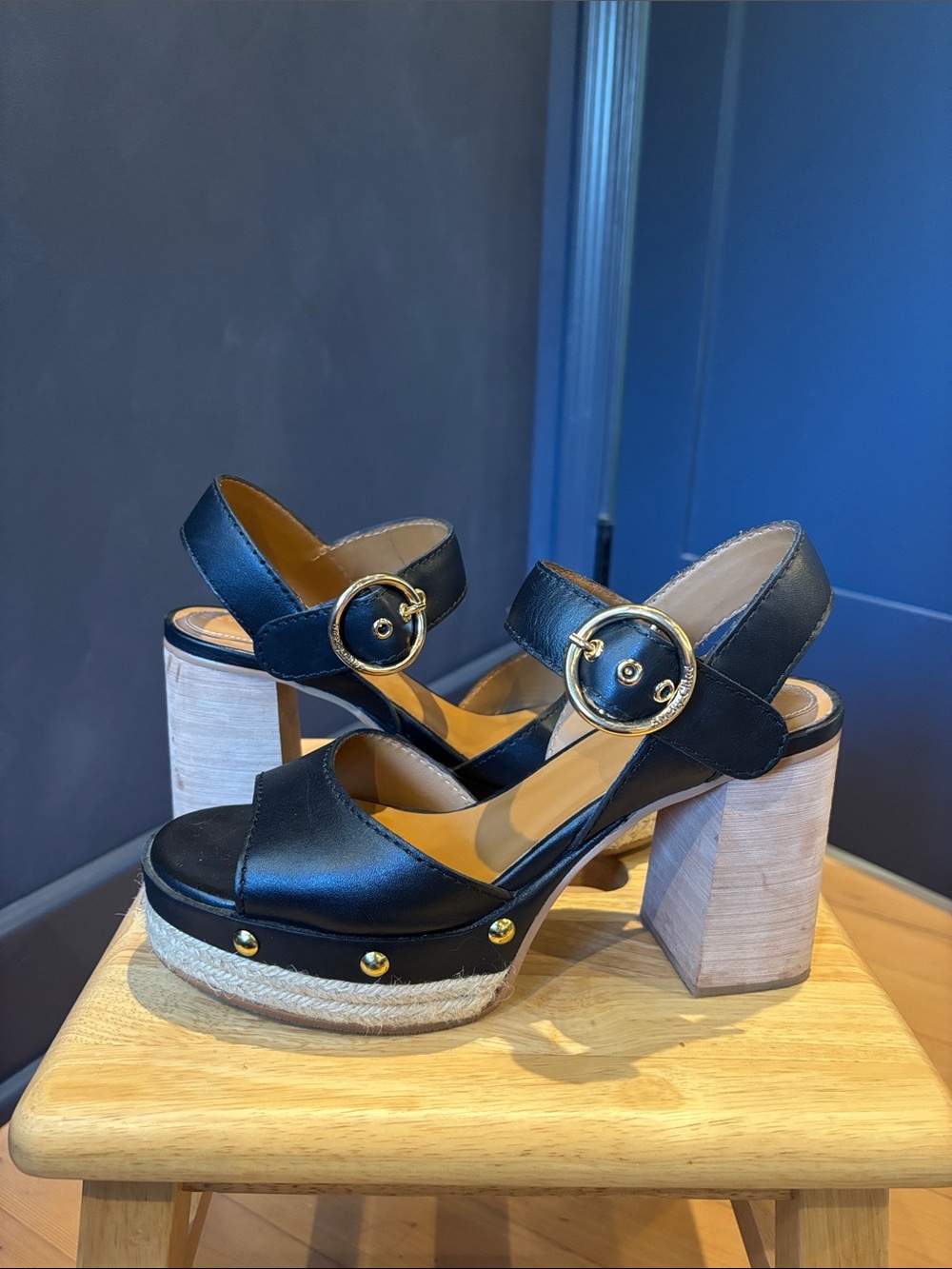 See By Chloe Black Leather Platform Sandals with Gold Accents